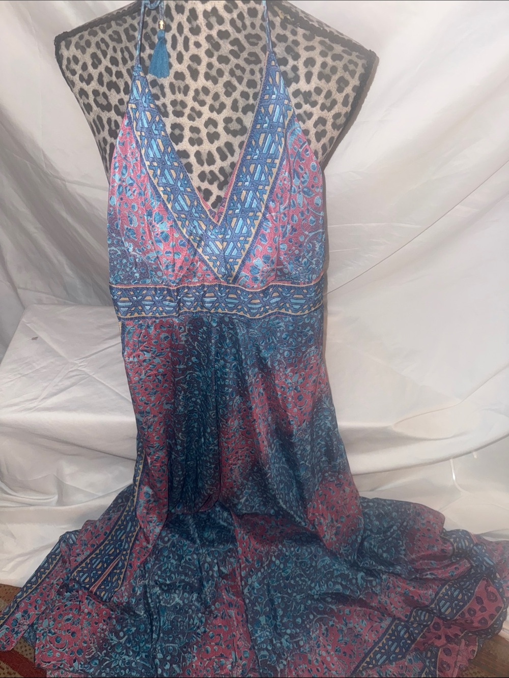 Bohemian V-Neck Maxi Dress in Blue and Pink
